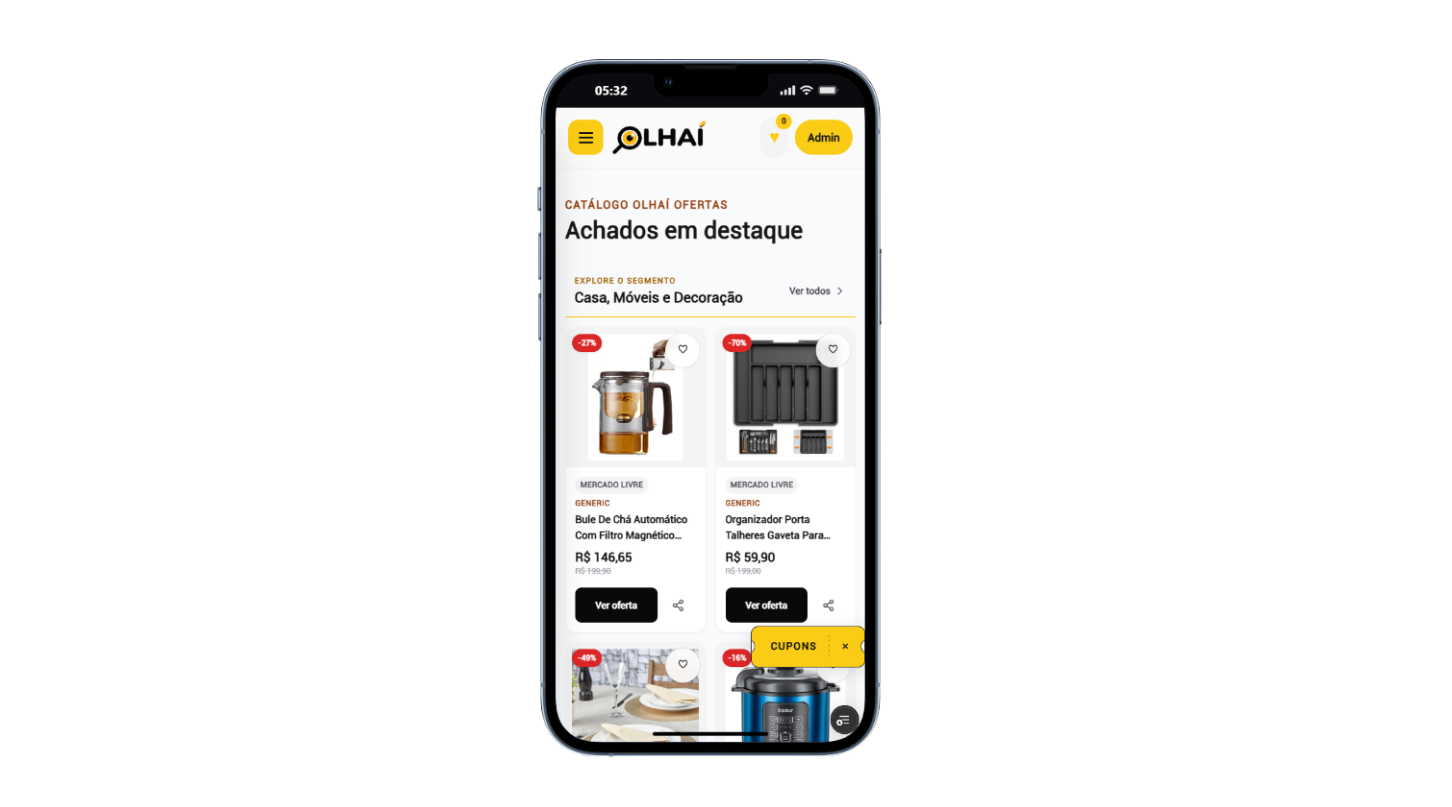 Catálogo responsivo do Olhaí exibido em um celular